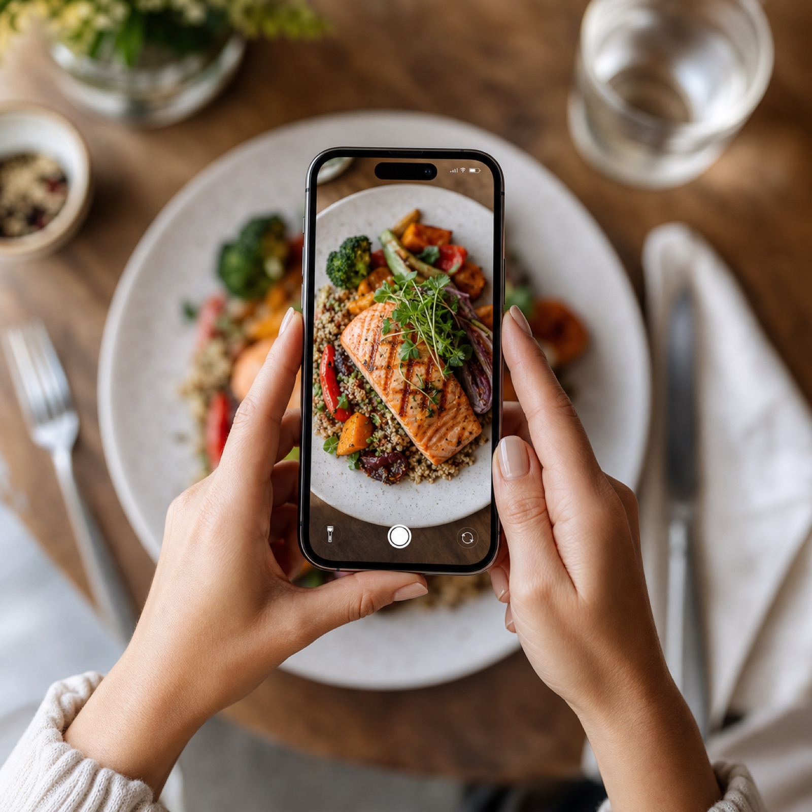 A diner photographing a salmon dish with an iPhone