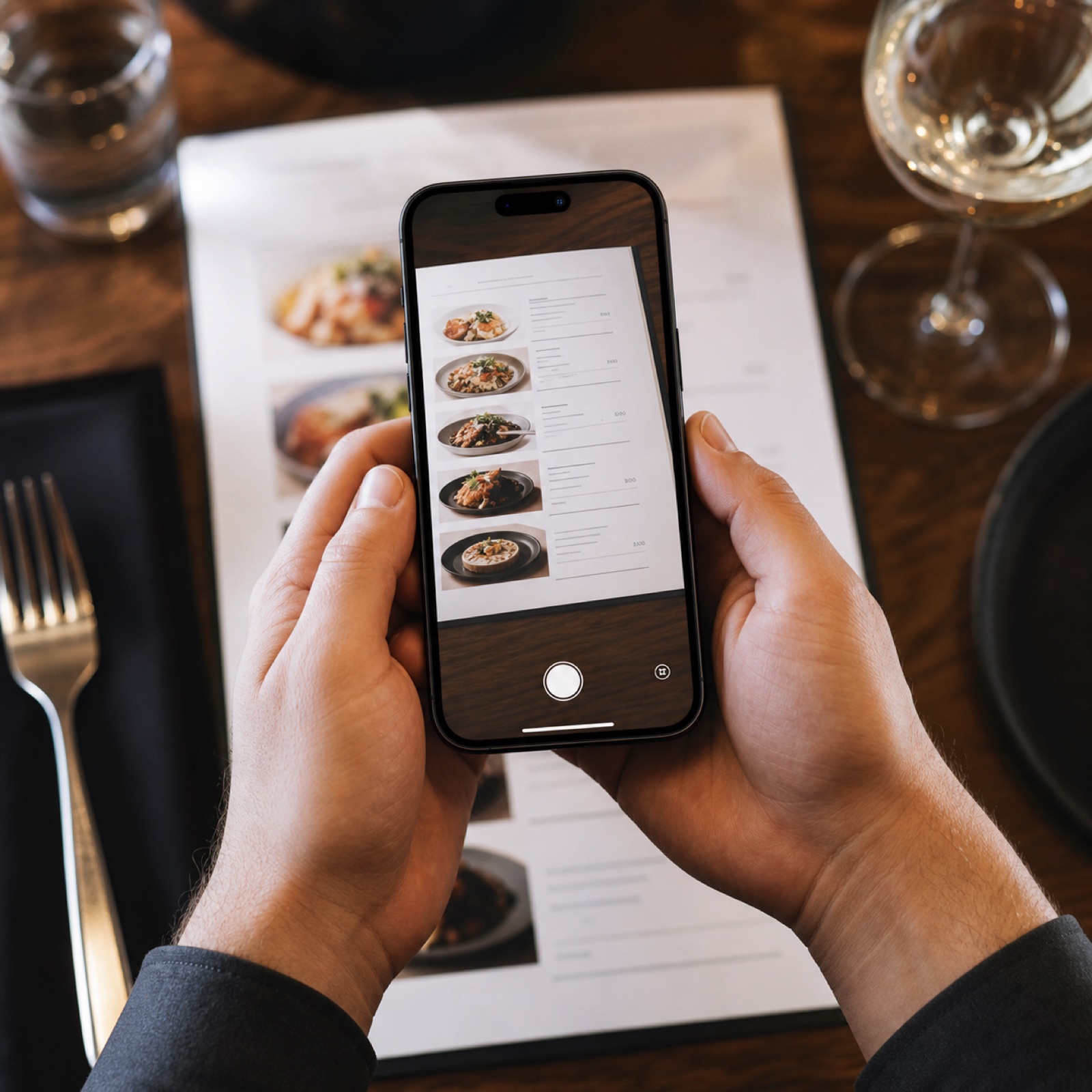 A person using an iPhone to scan a restaurant menu